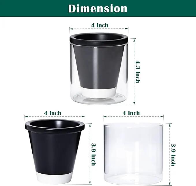 D'vine Dev 4 Inch Design Self Watering Planter for Indoor Plants, Black Terracotta Pot with Cylinder Glass Cup, 37-X-A-3 by GreenHaven Gardens