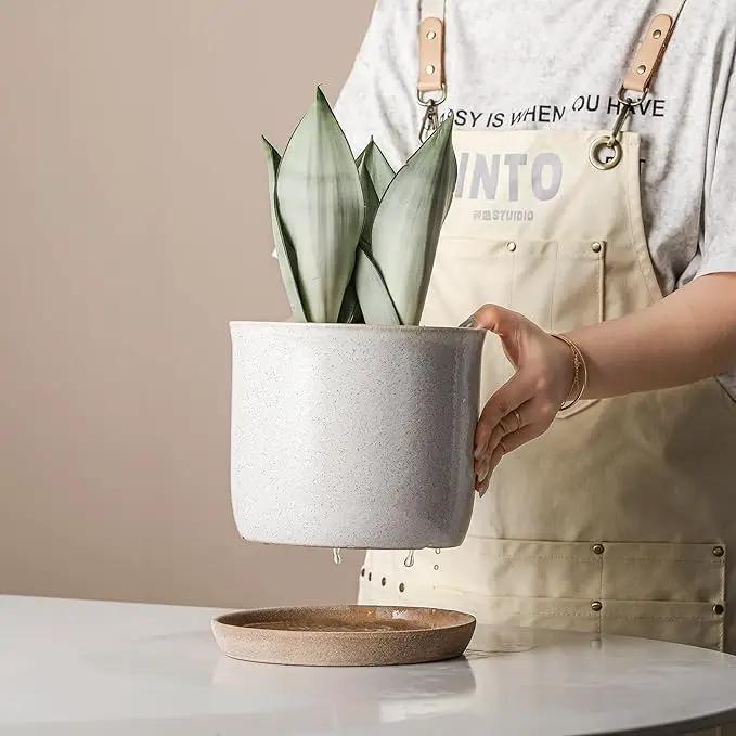 8 Inch Plant Pot: Ceramic Planter with Drainage Hole & Saucer - Cylinder Round Flowerpot for Indoor & Outdoor Plants - with Separate Tray for Home & Office - Retro Style, Grey by GreenHaven Gardens