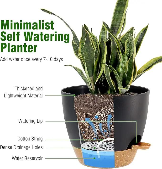10/9/8 inch Self Watering Pots, Set of 3 Plastic Planters with Mesh Drainage Holes and Deep Reservoir for Indoor Outdoor Garden Plants and Flowers, Black with Brown by GreenHaven Gardens