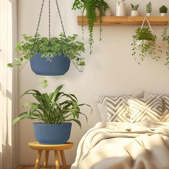 T4U 8 Inch Hanging Planters for Indoor Outdoor Plants, Self Watering Hanging Pot Pack of 2, Hanging Pots with Drainage Hole & Plug & Chain with 3 Hooks for Garden Home Decor, Blue by GreenHaven Gardens