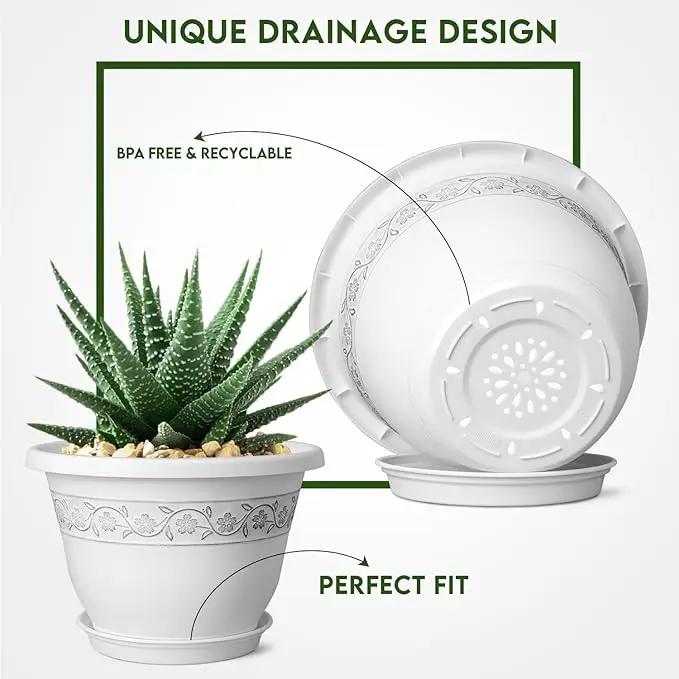 8 Inch Plant Pots with Drainage Hole - Lightweight Flower Pots for Herbs and Flowers - Home Decor Plastic Planters for Indoor Outdoor Plants- Pack of 6 (White, 8 inch) by GreenHaven Gardens