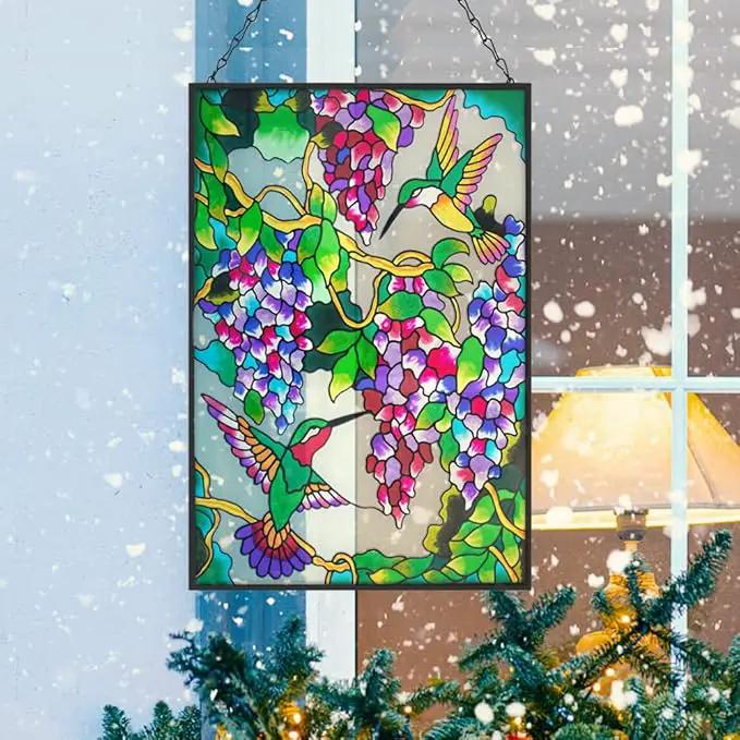 VEWOGARDEN Hummingbird Stained Glass Window Hangings 10" W x 15" H Bird Suncatcher Panel with Chain Windows Hanging Decor Ornament Gift by GreenHaven Gardens