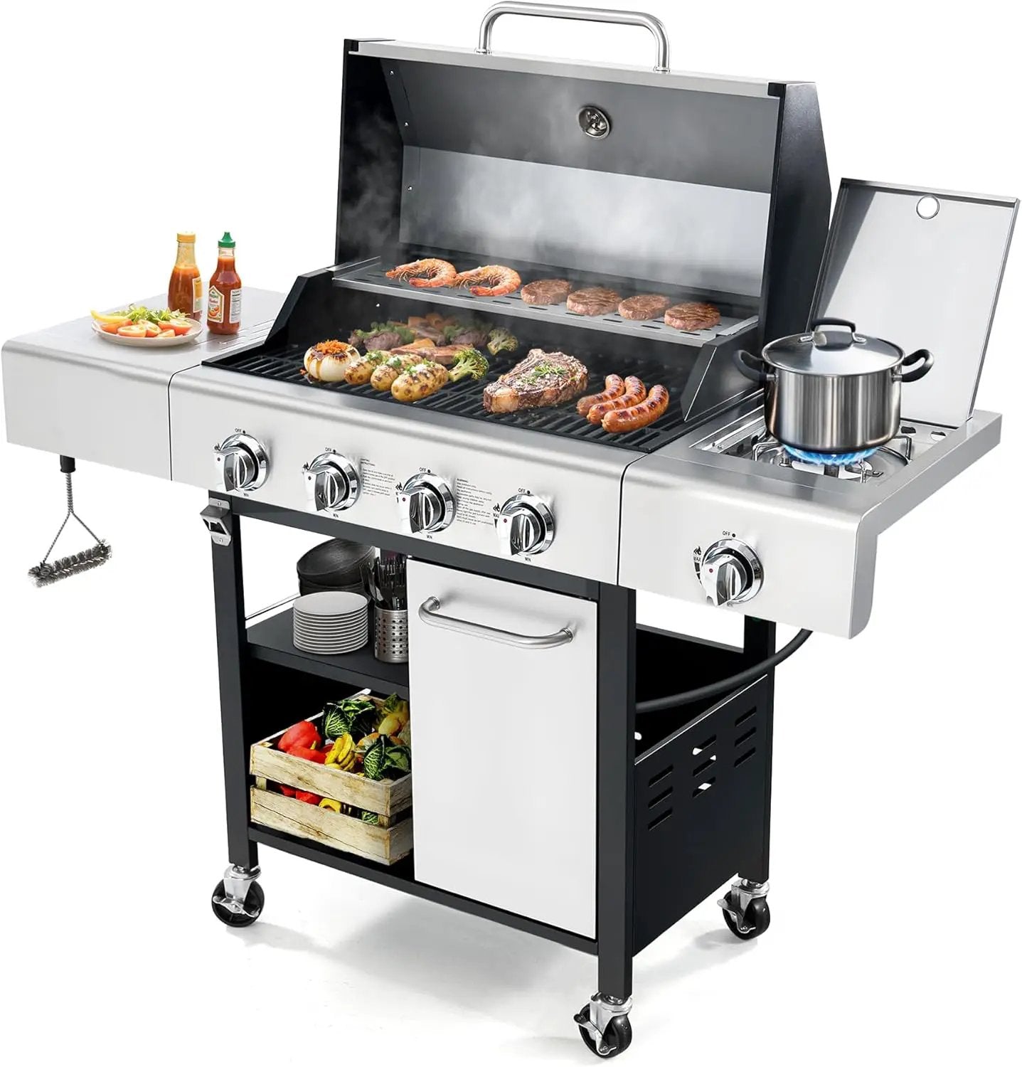 4-Burner Propane Gas Grill, Stainless Steel BBQ with 40,000 BTU, Foldable Side Shelves, Porcelain-Coated Grates, Ideal for Patio & Backyard Cooking (4&1 Burner) by GreenHaven Gardens