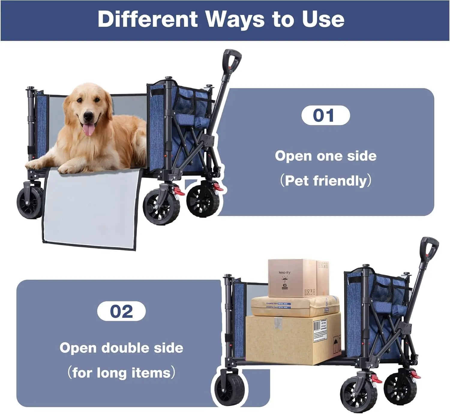 Collapsible Wagon Cart Foldable with Big Wheels Brakes, 250lbs Folding Utility Lightweight Garden Wagon, Portable Grocery Cart for Camping Shopping Sports Pets, Blue by GreenHaven Gardens