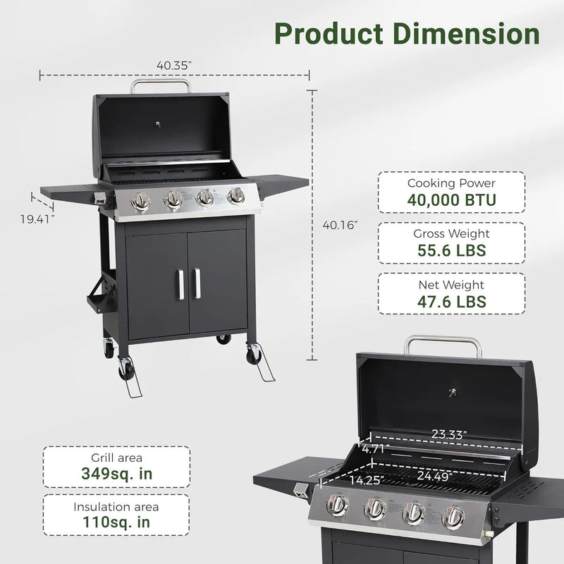 4-Burner Propane Gas BBQ Grill with Wheels, 40,000 BTU Output Stainless Steel Barbecue Grill for Backyard & Outdoor Cooking Easy Assembly, Foldable Side Tables & Spice Rack (Dark Black) by GreenHaven Gardens