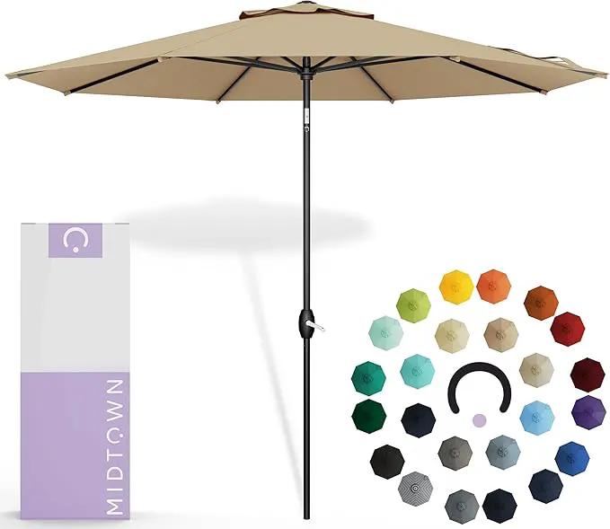 Midtown Umbrellas Sunbrella Umbrella 9 Feet Outdoor Umbrella With Heather Tan Acrylic Fabric - Auto-Tilt Aluminum Frame Patio Umbrella For Backyard, Deck, Garden, Pool - Black Pole by GreenHaven Gardens