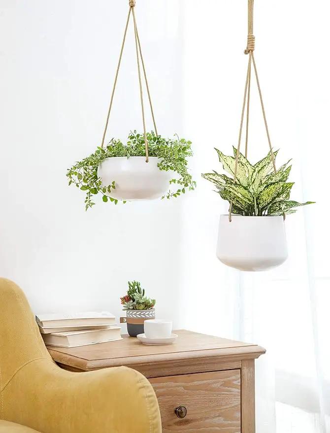 Mkono Ceramic Hanging Planter of Shallow 8 Inch and Deep 6 Inch for Indoor Outdoor Plants, Set of 2 Modern Plant Pot Geometric Porcelain Hanging Basket with Polyester Rope Hanger by GreenHaven Gardens