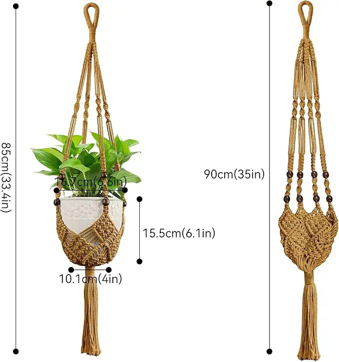 USLAI Macrame Handmade Basket Plant Hanger (2-Pack), for 3-8 Inch Pots, Indoor Outdoor Strong Hanging Planter Flower Pot Holder with Beads and Tassels, Boho Home Decor (POTS NOT Included) (Brown) by GreenHaven Gardens