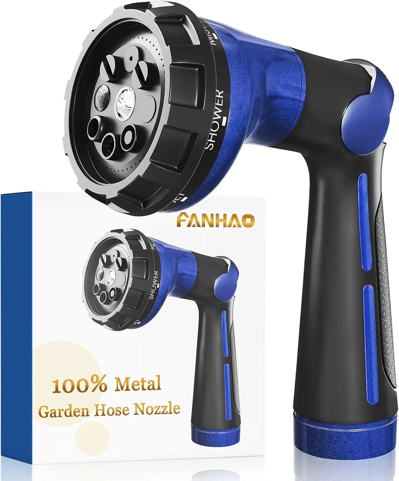 FANHAO Garden Hose Nozzle 100% Heavy Duty Metal Water Hose Sprayer with 8 Spray Patterns, High Pressure Spray Nozzle with Thumb Control, On Off Valve for Watering Plants, Washing Cars & Pets, Blue by GreenHaven Gardens