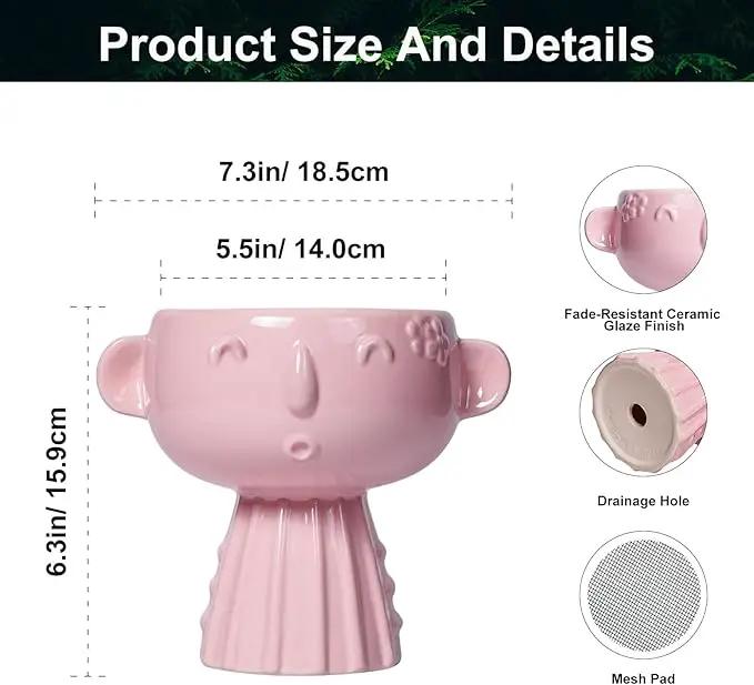 Face Pots for Plants - 7 Inch Ceramic Face Planters Pots Head for Indoor Outdoor, Small Funny Succulent Planters with Drainage Hole, House Room Apartment Decor, Gifts for Women, Bright Pink by GreenHaven Gardens