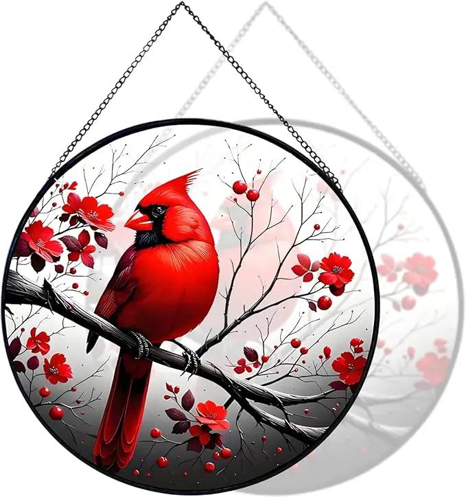 RIVEENY Cardinal Stained Glass Window Hanging,Cardinal Stained Glass Suncatcher,8" Window Suncatcher Hanging Ornaments Wall Art, Hand-Painted Glass Panel Home Decor for Mom Grandma by GreenHaven Gardens