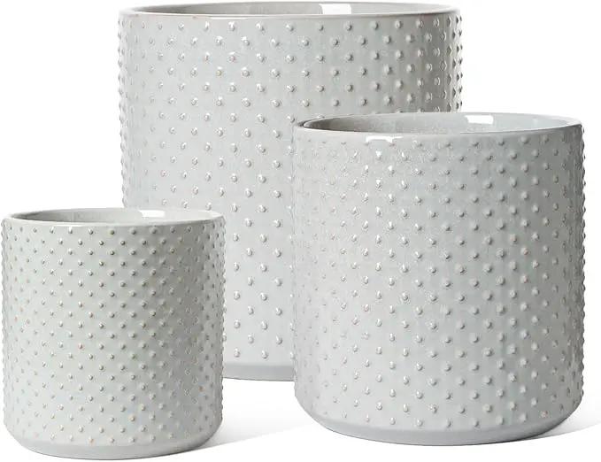 LE TAUCI Ceramic Plant Pots Indoor, 10+8+6 Inch Planters for Indoor Plants, Raised Dots Flower Pots with Drainage Hole and Plug, Cylinder Round Planters, Set of 3, Glaze Star Gray by GreenHaven Gardens