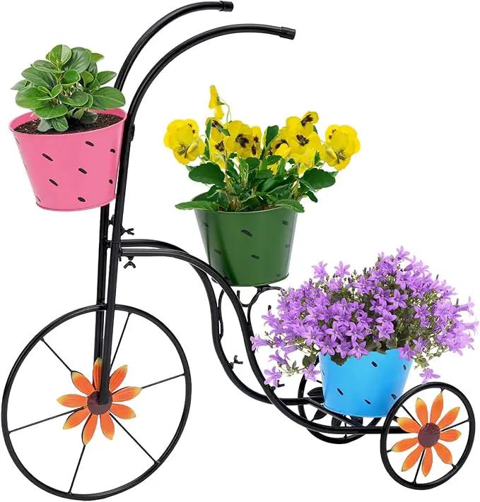 BAYN Bicycle Planter Stand, Metal Flower Pot Cart Holder with 3 Plant Bucket Outdoor Decorative for Patio, Deck, Garden or Lawn by GreenHaven Gardens