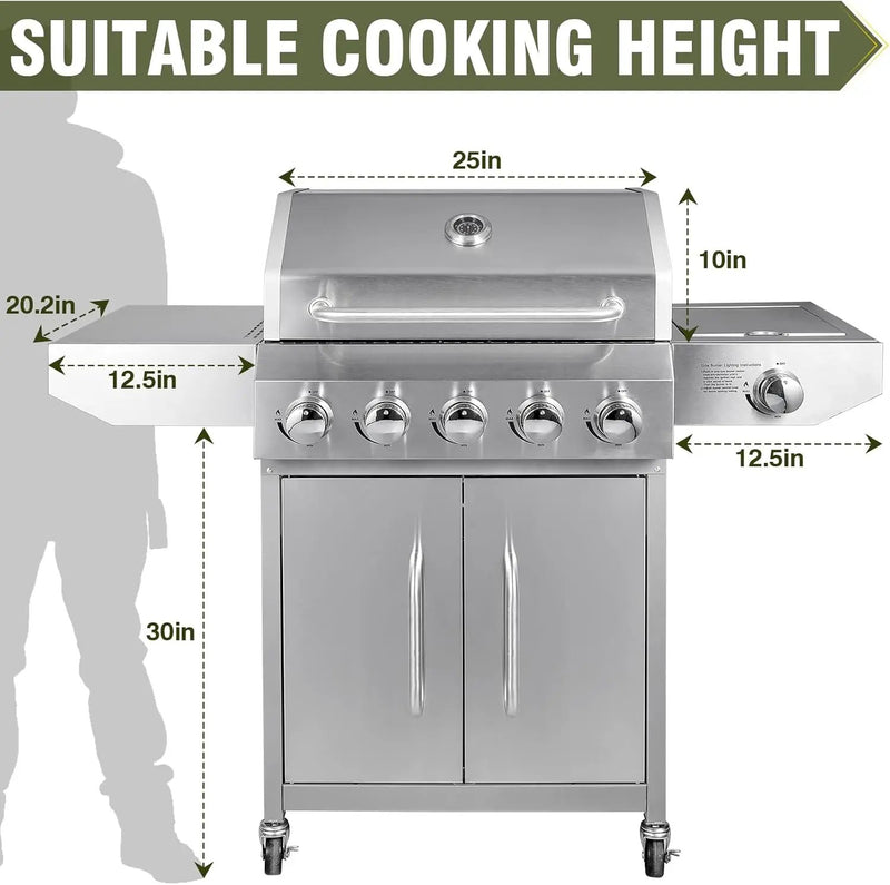 BESTFIRE 68,000 BTU 5+1 Burner Propane Grill - Stainless Steel BBQ with 647 sq in UPGRADED OIL-DRAIN Plates, Cast Iron Grates, Side Burner + FREE Food Clip for Outdoor Cooking by GreenHaven Gardens