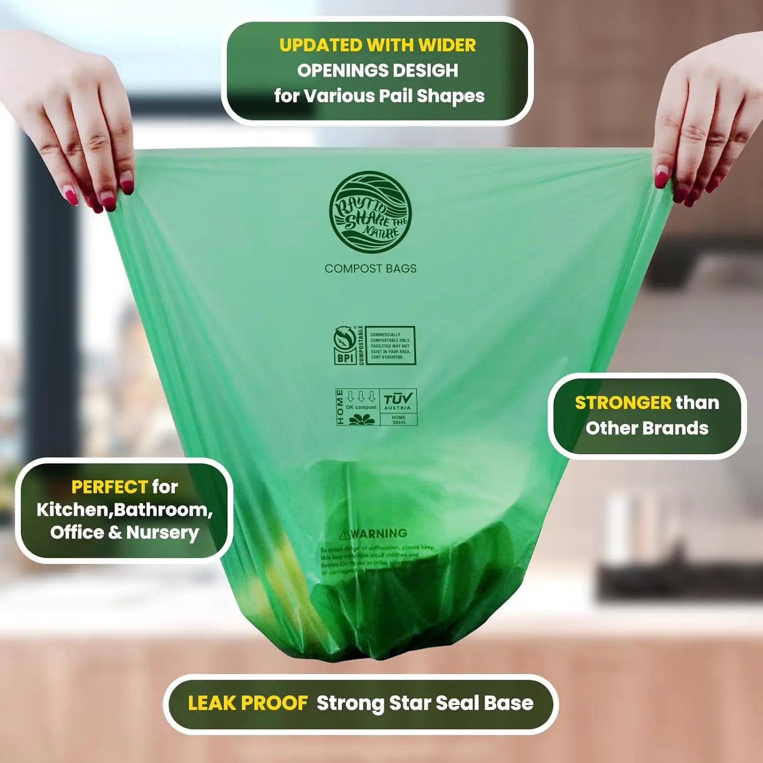 Compost Bags 1.3 Gallon,150 Count,Compostable Small Trash Bags for Kitchen Countertop Compost Bin 0.75, 1,1.2, 1.3Gallon,ASTM D6400, US BPI and Europe OK compost HOME certified by GreenHaven Gardens