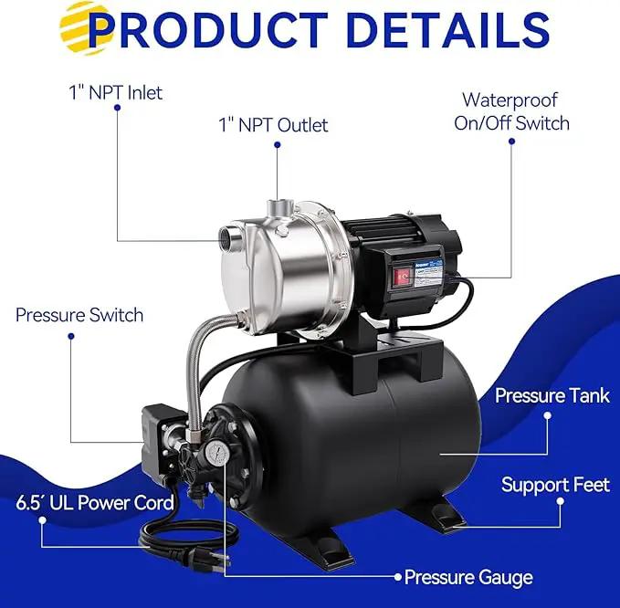 Acquaer 1.6 HP Shallow Well Pump with Pressure Tank, Stainless Steel, 1320 GPH 115V Irrigation, Automatic Water Booster Jet Pump for Home, Garden, Lawn by GreenHaven Gardens