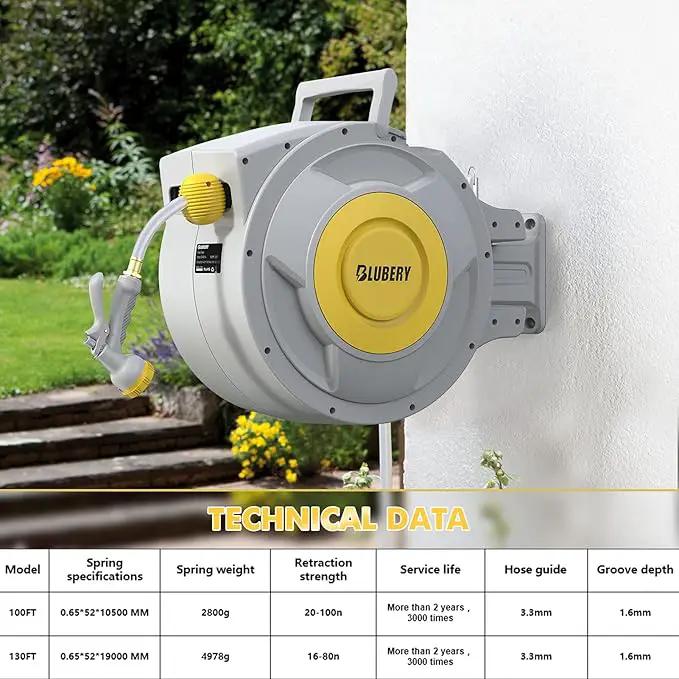 BLUBERY 130+6.7ft x 1/2" Retractable Garden Hose Reel, 40.8LB Super Heavy Duty, Any Length Lock, Slow Return System, Wide Handle, Wall Mounted and 180° Swivel Bracket, GHR02A by GreenHaven Gardens