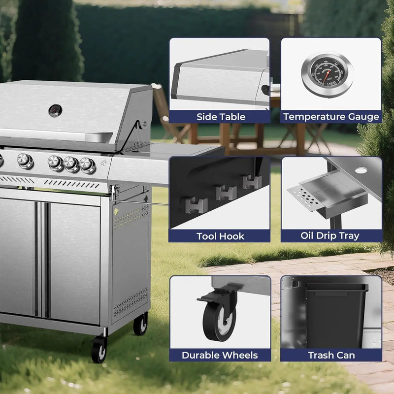 R.W.FLAME 4 Burner Gas Grill, 42,000 BTU Propane Grill, Outdoor Grills with Side Burner, Outdoor Barbecues with Stainless Steel Mesh and Plates, for Camping, Backyard, Patio and Deck by GreenHaven Gardens