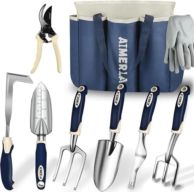 Gardening Tools Set of 9 Heavy Duty Garden Tools with Non-Slip Rubber Grip with Large Garden Bag, Durable for Garden, Weeding, Gifts for Women,Men by GreenHaven Gardens
