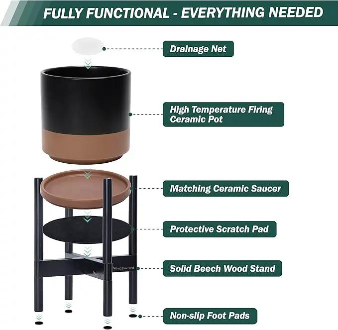 D'vine Dev Ceramic Planter with Ebony Stand - 8 Inch Modern Round Flower Pot with Wood Planter Holder, Black/Speckled Tan, 55-B-M-7 by GreenHaven Gardens