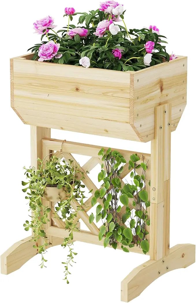 Raised Garden Bed, Standing Vertical Horticulture Planter Box for Backyard, Patio, Balcony, Planter for Flowers Herbs Vegetables for Indoor & Outdoo Decor with Trellis (Natural) by GreenHaven Gardens
