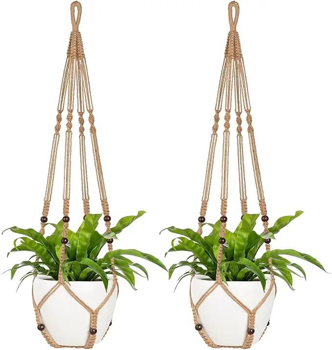 Mkono 43 Inch Macrame Plant Hanger Large for up to 12 Inch Pot Extra Long Hanging Plant Holder No Tassels Hanging Planter Basket with Wood Beads for Indoor Outdoor Home Decor, Brown, Set of 2 by GreenHaven Gardens