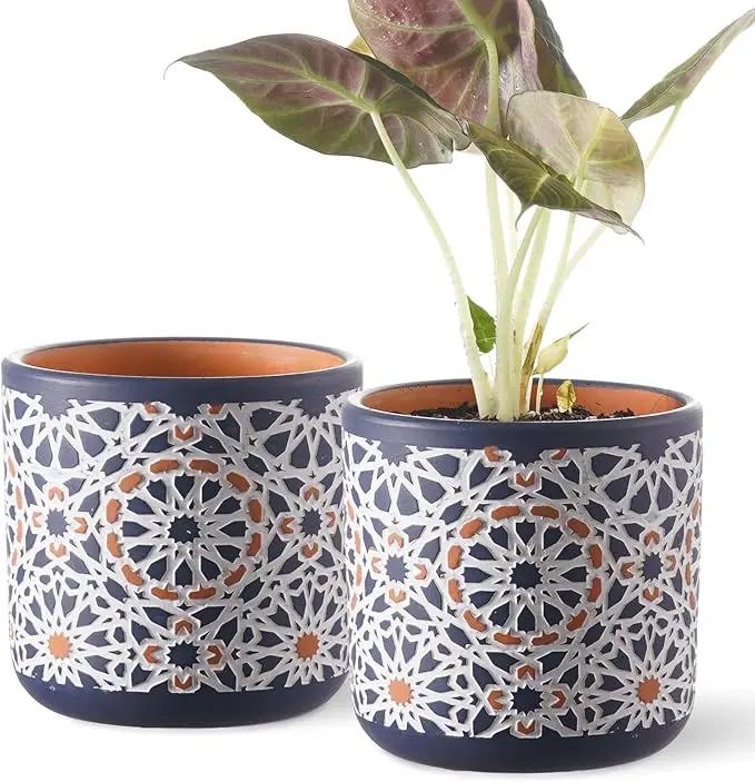 2 Pack Ceramic Flower Pots for Indoor Plants, 5 Inch Boho Plant Pot with Drainage Holes,Modern Planter for Decorative Succulents/Snake Plant/Orchid/Peace Lily/House Plants(Blue) by GreenHaven Gardens