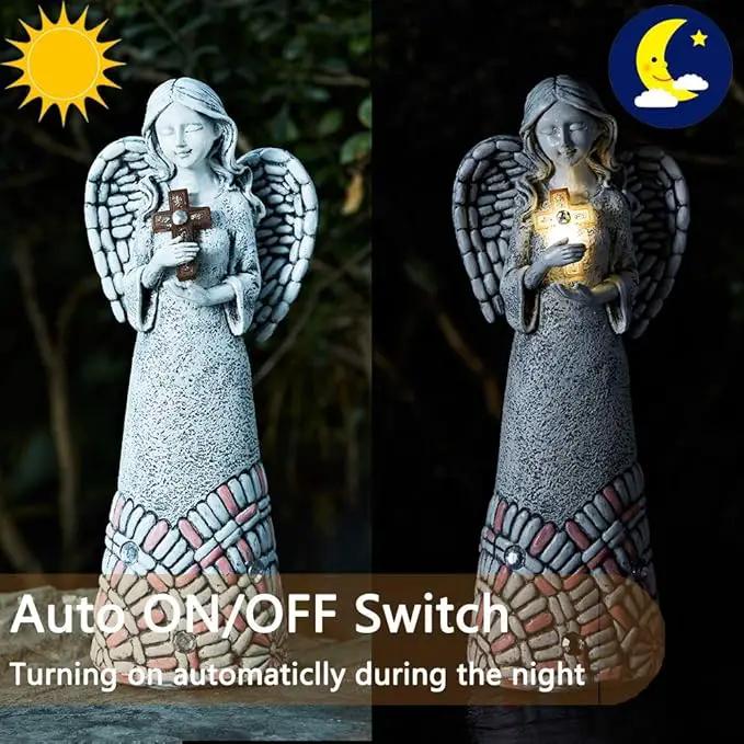 Angel Garden Statues Outdoor Solar Decor Gifts for Women Cross Praying for Cemetery Backyard Lawn Yard Decoration（10.24inch） by GreenHaven Gardens