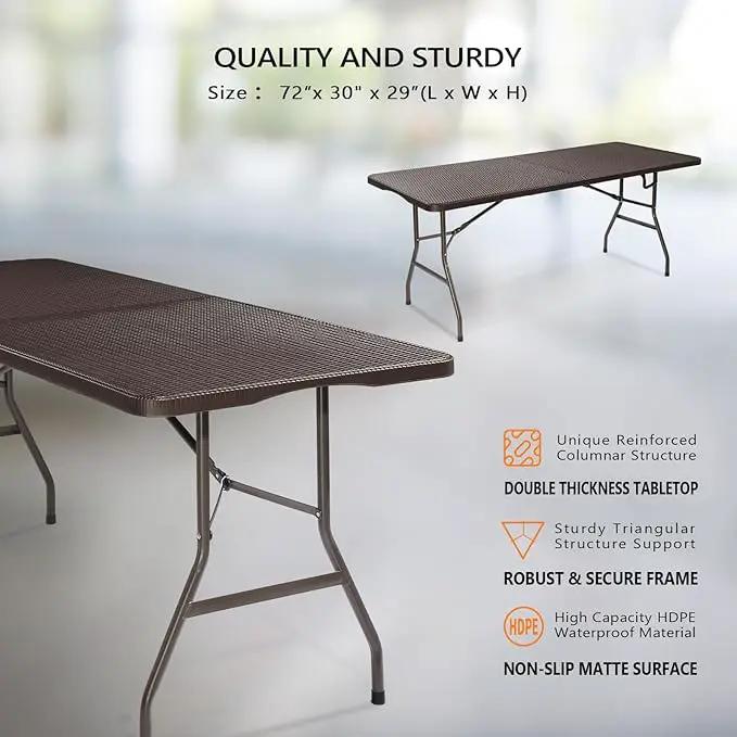 VINGLI 6 Foot Plastic Folding Table Portable Long Table for Indoor Outdoor Use Rectangular with Carrying Handle,Rattan Patterned HDPE Tabletop, Brown by GreenHaven Gardens