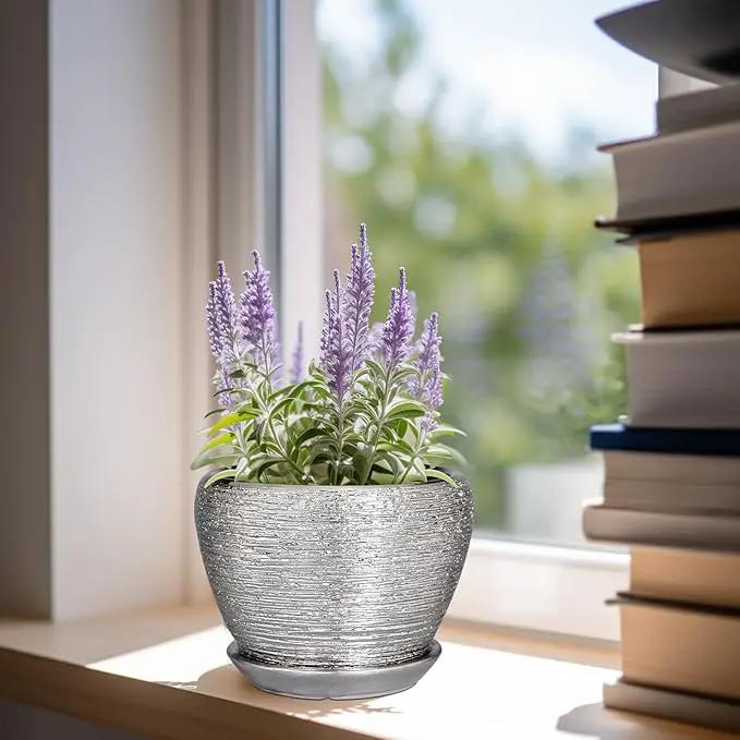 Ceramic Planter - 6 Inch Plant Pot Indoor with Drainage Hole and Saucer Outdoor Pot for Plants Round Decorative Planter Modern Mid-Century Flower Pot for Office Decor Silver by GreenHaven Gardens