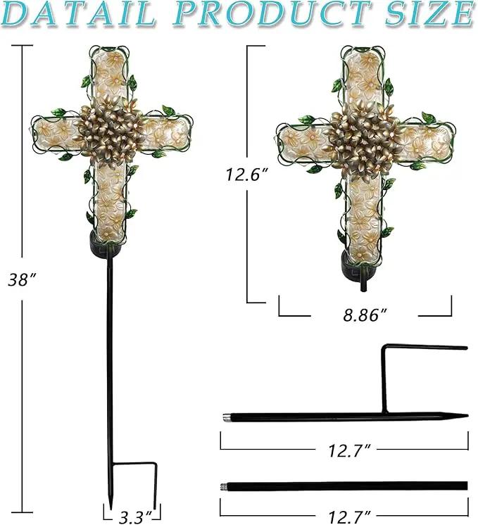 38inch Solar Cross Garden Lights Outdoor Decorative - Solar Metal&Glass Cross Apricot Hydrangea Flower Stake Lights- Waterproof 20 White LED for Remembrance Gifts & Sympathy Gifts by GreenHaven Gardens