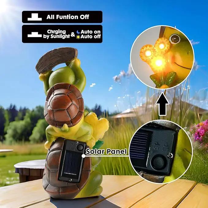 Garden Turtle Outdoor Statues, Solar Garden Statue Two Sweet Frog Face Turtles Decor with 3 LED Lights, Unique Art Resin Gifts for Patio Lawn Porch Yard by GreenHaven Gardens