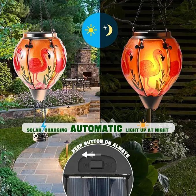 Hot Air Balloon Solar Lantern - Flamingo Bird Stained Glass Lantern with Simulated Flickering Flame, Outdoor Hanging Yard Light Waterproof IP65 & Weather Resistant for Patio Lawn Porch Decor Gfit by GreenHaven Gardens