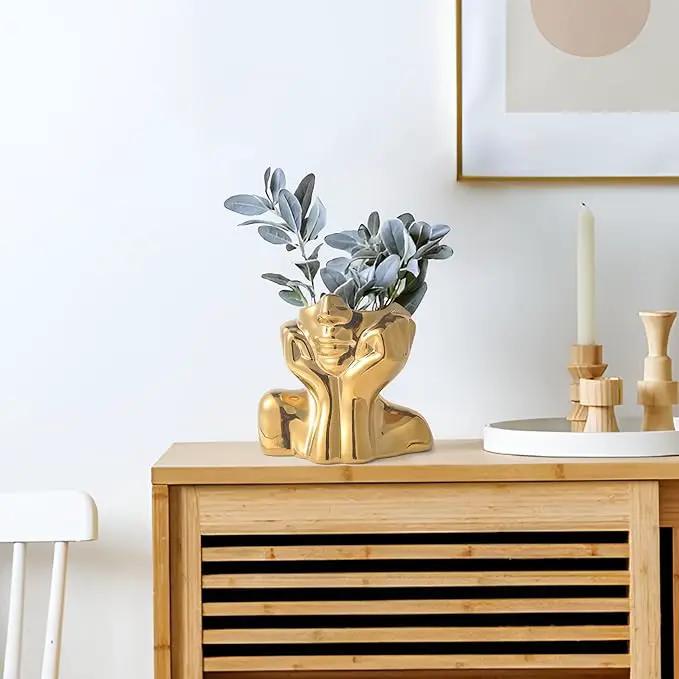 Gold Ceramic Human Face Decorative Vase - Shy Posture Modern Art Desktop Display for Bookshelf, Living Room, Office, Bedroom by GreenHaven Gardens