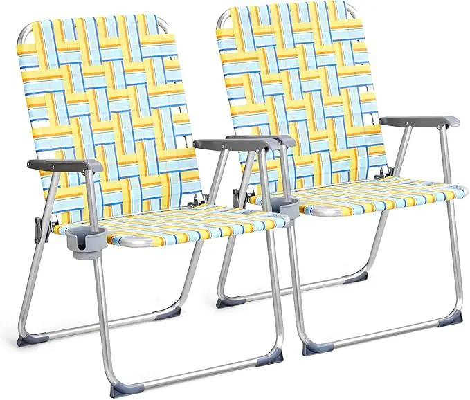 VINGLI Aluminum Oversize Patio Lawn Chairs Folding Set of 2 with Detachable Cup Holder, Webbed Beach Chair Folding Chair Outdoor Portable Camping Chair for Yard, Garden by GreenHaven Gardens