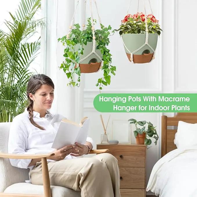 Hanging Planters for Indoor Outdoor Plants, 2 Pack Self Watering Hanging Pot with Drainage Holes, Removable Tray & 2 Kinds of Plant Hangers, 10'' Hanging Flower Pots for Home Garden Decor, Green by GreenHaven Gardens