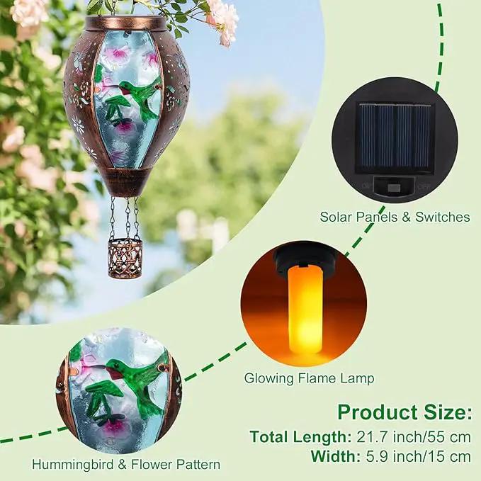 Hummingbird Hot Air Balloon Solar Lantern, Metal & Glass Flickering Flame Light Solar Lantern, Hanging Waterproof Solar Lanterns Outdoor for Garden Patio Tree Decoration by GreenHaven Gardens