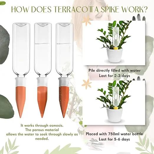 8 Pack Plant Watering Devices, Terracotta Self Watering Spikes with 25 oz Plastic Wine Bottles, Slow Release Plant Waterer Self Watering Planter for Vacation Indoor Outdoor Plant by GreenHaven Gardens
