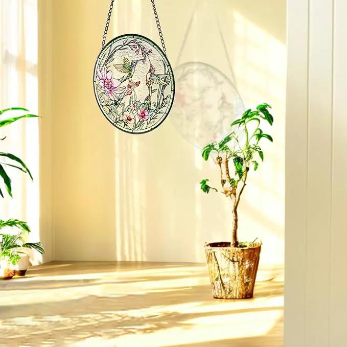 Remiawy Stained Glass Window Hanging Hummingbird Window Suncatcher 6 Inch Glass Panel with Metal Chain and Hooks Sun Catchers Indoor Wall Art Home Decor Gift for Bird Lovers Women Mother's Day by GreenHaven Gardens