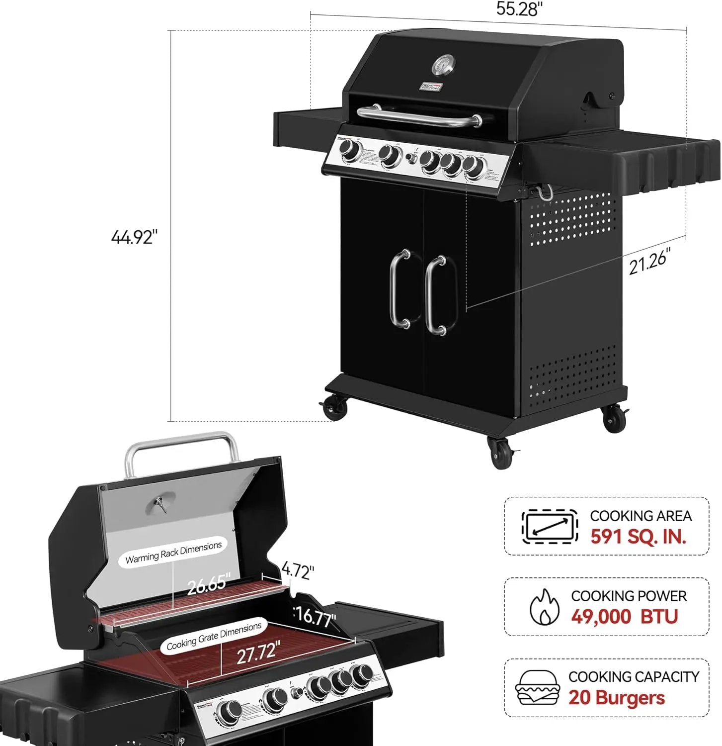 Royal Gourmet SG5003H 4 Burner Propane Gas Grill with Side Burner & Warming Rack, Cabinet Style Gas Grill with 49,000 BTUs Output for Outdoor Patio Garden Backyard Cooking, Black by GreenHaven Gardens