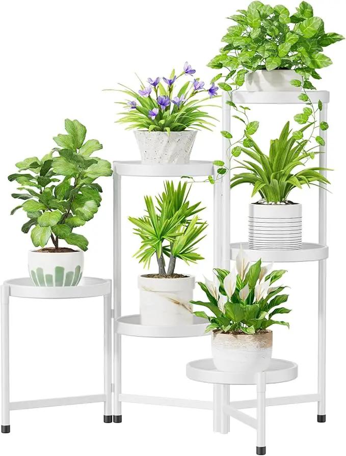 iDavosic.ly 6 Tier Large Plant Stand Indoor with 10 Inch Wide Tray, Tiered Corner Metal Outdoor Flower Display Holder Shelf, Folding Tall Rack for Patio Porch Living Room, White by GreenHaven Gardens