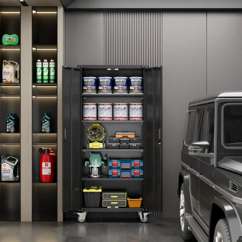 72" H Metal Storage Cabinet with 2 Doors and 4 Adjustable Shelves, Garage Storage Cabinet with Wheels for Garage Home, Required-Assembly,Black by GreenHaven Gardens