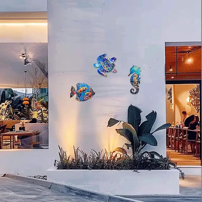LIFFY Metal Fish Wall Decor Fish Metal Wall Art Ocean Themed Sea Turtle Fish Seahorse Coastal Wall Sculpture, Nautical Outdoor Decor For Garden, Fence, Patio, Pool,Beach,Bathroom (3 Pcs) by GreenHaven Gardens