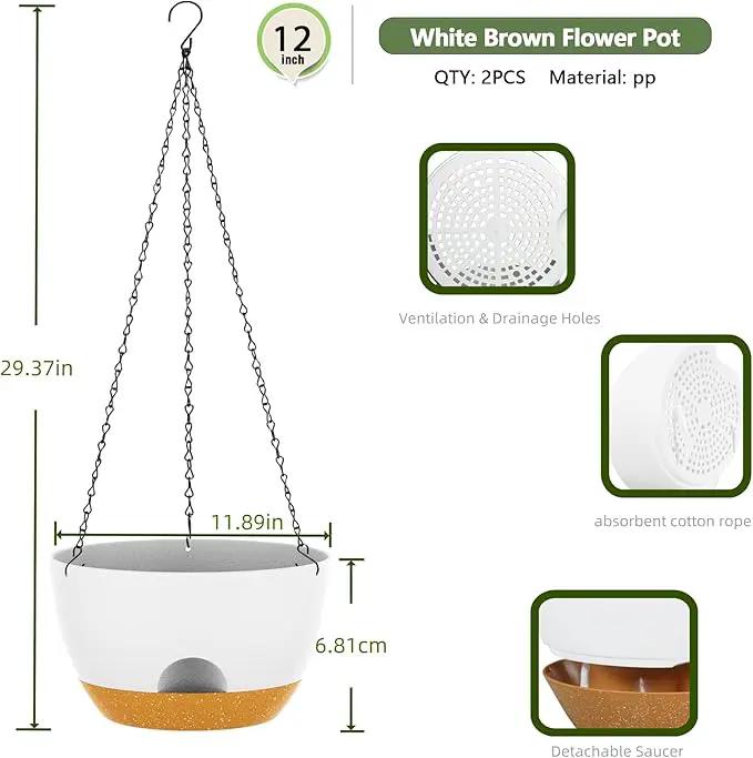12 Inch Hanging Baskets 2 PC with Chains, Self-Watering Hanging Planters for Indoor Outdoor Plants, Plastic Hanging Flower Pots,White Brown by GreenHaven Gardens