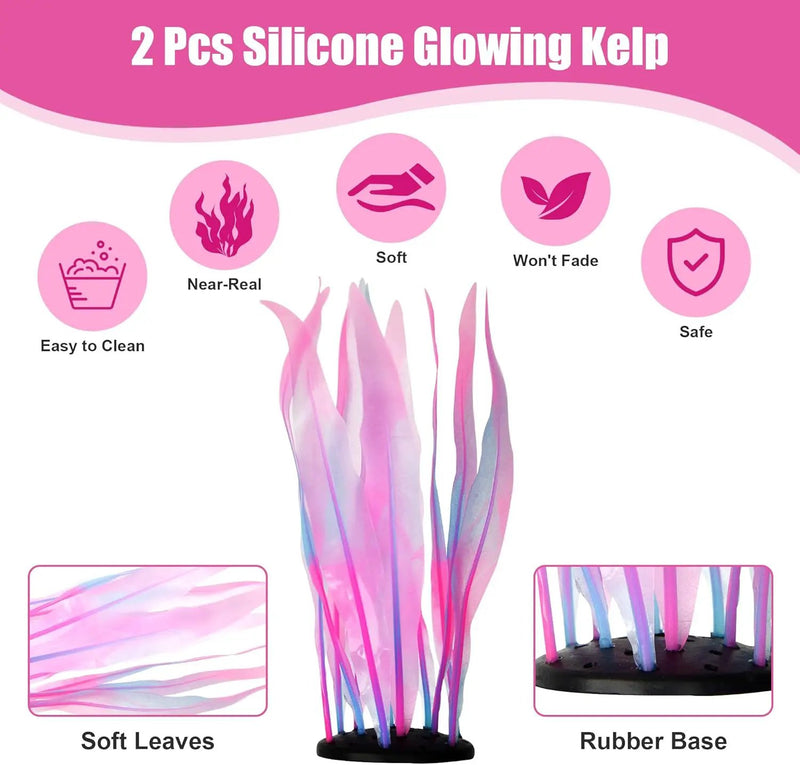 Kaiyuan Dynasty 2pc Aquarium Decor Plastic Plants Fish Tank Artificial Plants Glowing Aquarium Kelp Move with Water Flows Soft Silicone Aquatic Seaweed,7inch,Pink by GreenHaven Gardens