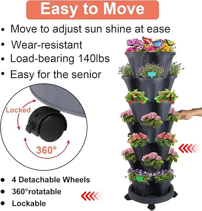 Vertical Planter, 7 Tier Stackable Strawberry Planter with Garden Tool Set, Movable Indoor/Outdoor Garden Herb Pot for Growing Vegetables and Succulents, Dark Gray by GreenHaven Gardens