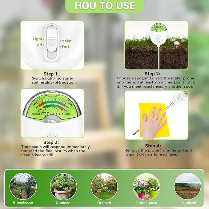 4-in-1 Plant Soil Tester with pH, Moisture, Fertility & Light Meter, Rotatable Dial Soil Test Kit, No Battery Required for Garden, Lawn, Farm, Indoor & Outdoor Plants, White by GreenHaven Gardens