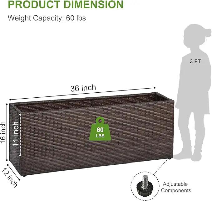 LEWIS&WAYNE Large Rectangular Block Planter Box Handmade Wicker Tall Planters for Outdoor Plants with Removable Liners Modern Planter for Indoor Outdoor Patio Deck - Brown, 36''x12''x16'' by GreenHaven Gardens