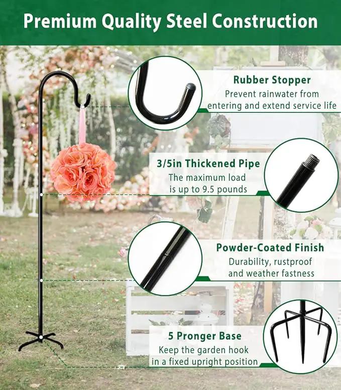 Artibear Adjustable Outdoor Shepherd Hook Stand with 5 Prong Base, 108 Inches Tall 3/5 in Thick, Shiny Black (1 Packs) by GreenHaven Gardens