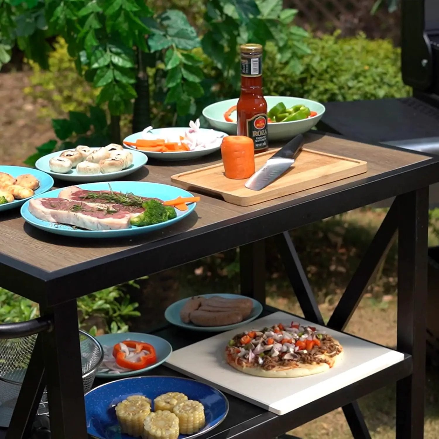 PHI VILLA Outdoor Grill Table, Elegant Grill Cart with Ceramic Wood Grain Table Top, Serving Cart with Shelves, Patio Grilling Backyard BBQ Grill Cart, Black by GreenHaven Gardens